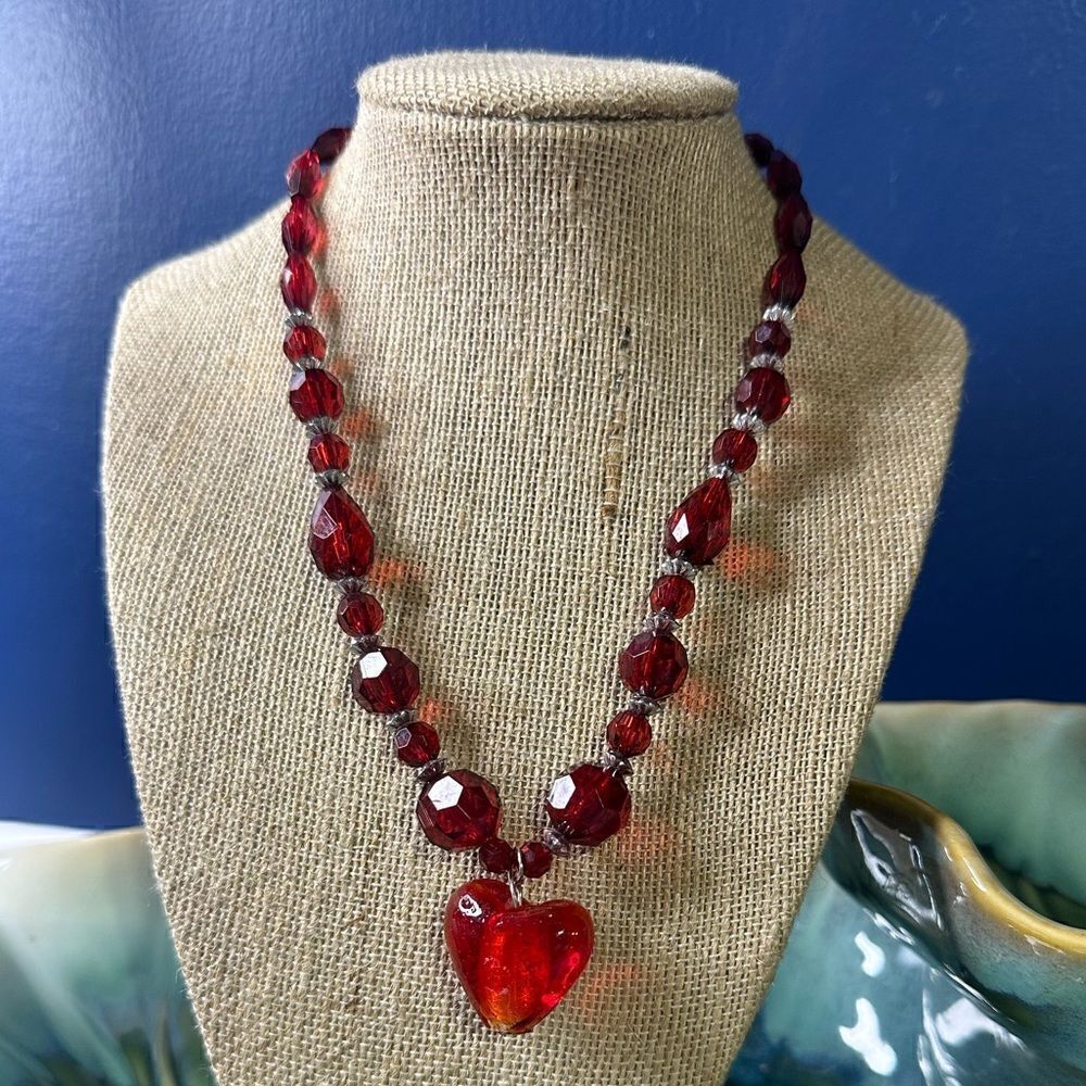 Hand crafted Red Faceted Glass Crystal Necklace Heart Lampwork Pendant 16”